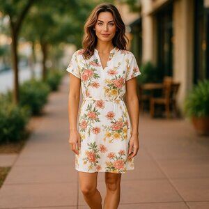 Bobbie Brooks Crochet-Back Floral Printed Belted Dress Shirt-tail Hem Size M